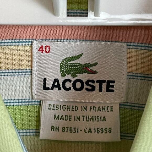 Lacoste Men's Size 40 Striped Lime Green Peach White Pointed Collar Long Sleeve - Picture 6 of 10